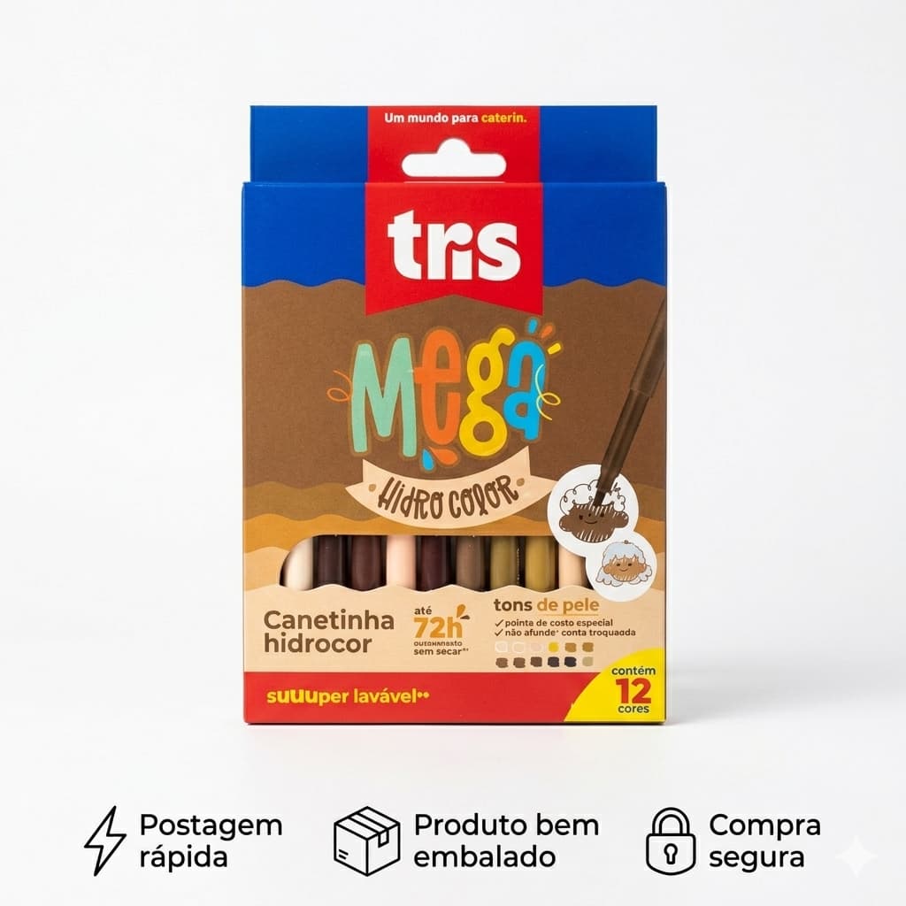 Canetinha Hidrográfica Tons de Pele Tris 12 Cores Escolar  Lavável Ponta Fina Material Infatil