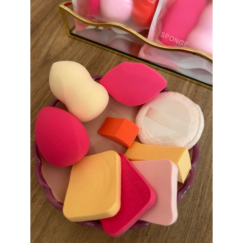 Kit Esponjas de Maquiagem Completo com 9 Peças | Blender + Puff + Esponjas Diversas Profissional
