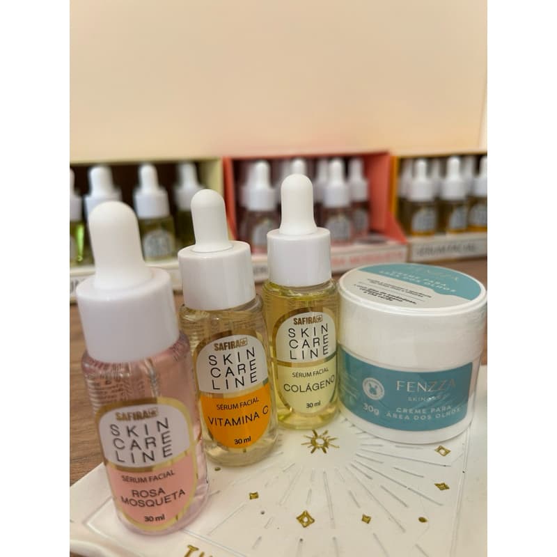Kit Skincare Completo Safira + Fenzza | Sérum Vitamina C, Colágeno, Rosa Mosqueta + Creme Área dos Olhos