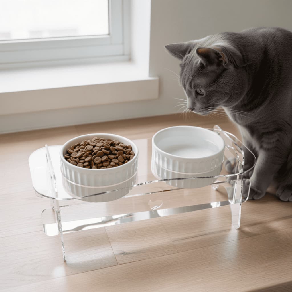 Comedouro Pet Gato Transparente Elevado Duplo Acrilico Porcelana Comedoro Bebedouro Cachorro