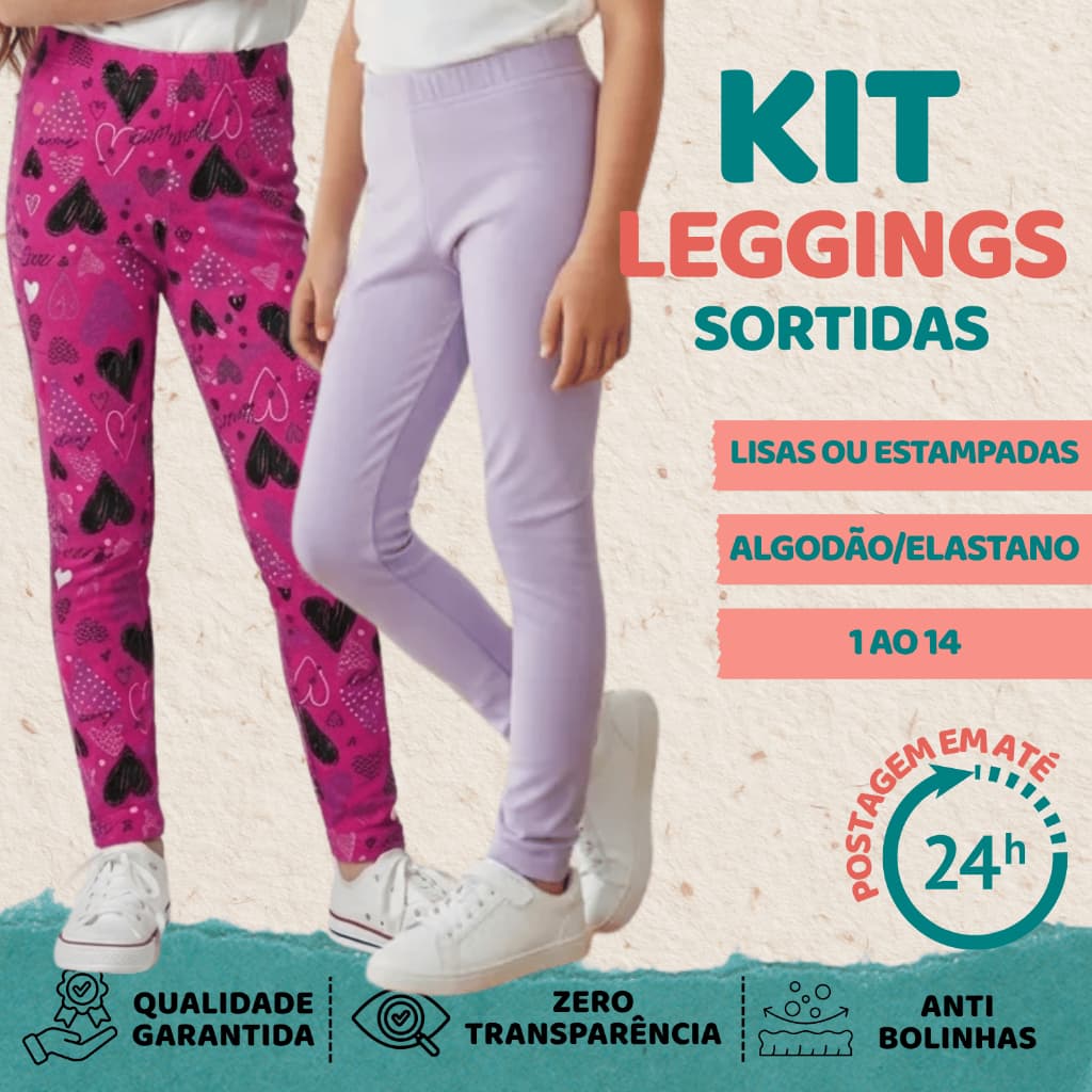 Kit 2 ou 5 Calça Legging Infantil Feminina Menina Algodão Lisa Estampada | Legging Escolar Dia a Dia Confortável 1 Ao 14