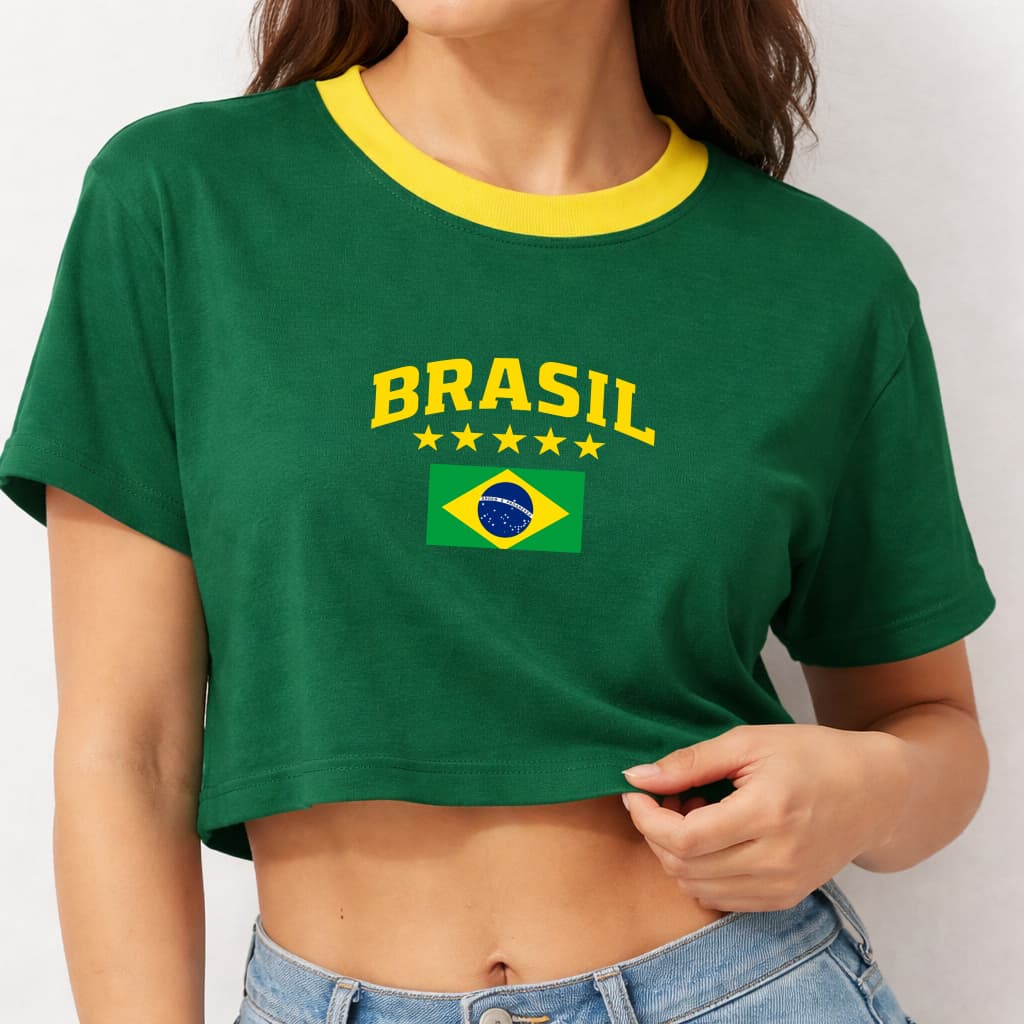 Cropped Oversized Brasil Feminino Verde e Amarelo Manga Curta Algodão Copa do Mundo