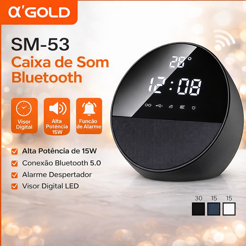 Caixa de Som Rádio Relógio de Mesa Bluetooth 15W Despertador Digital FM USB TWS LED Portátil