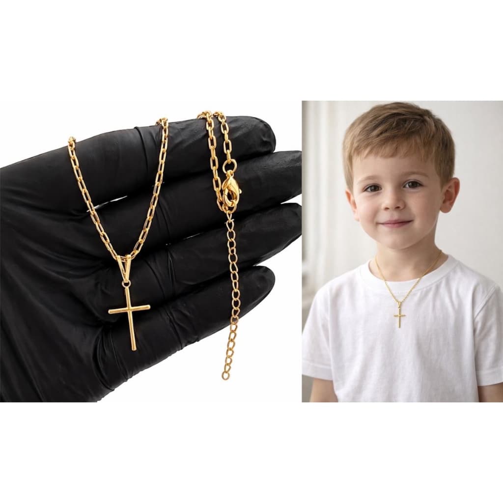 Corrente Cordão Infantil Masculino Folheado a Ouro 18k Com Pingente de Cruz Kit Infantil no Ouro 18k