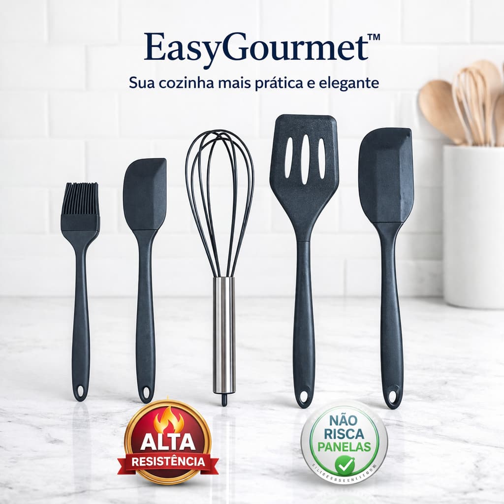 Kit Utensílios de Silicone 5 Peças EasyGourmet™ Antiaderente Resistente Não Risca Cozinha Completa