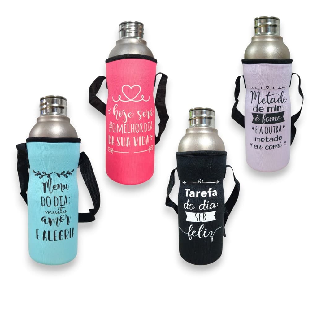 Bolsa Isolamento Térmico Neoprene com Alça Portátil de Mão para Garrafa 500 ml Frases