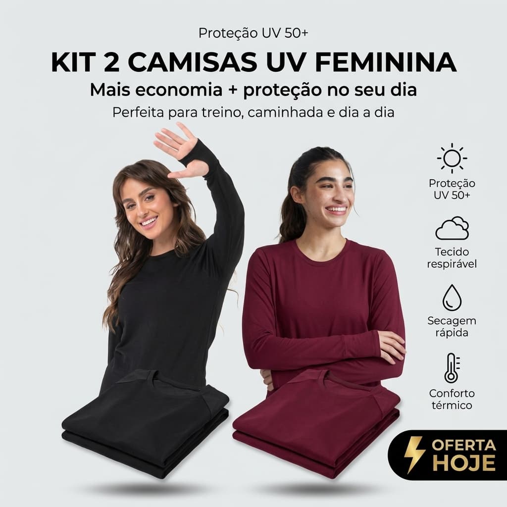 Kit 2 Camisa Térmica Feminina Proteção Uv 50+ Segunda Pele Detalhe Dedinho Camiseta Blusa Manga Longa