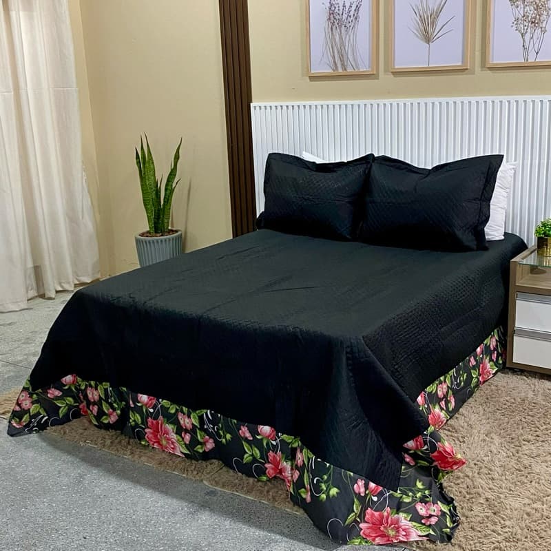 Colcha de Cama Casal Cobre Leito Lisa com Estampada Acompanha 2 Porta Travesseiros Queima de Estoque