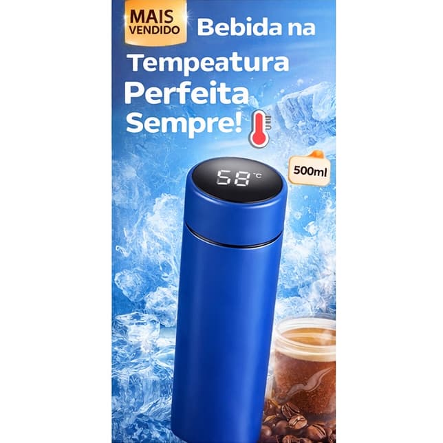 Garrafa Térmica Inteligente Inox 500ml Com Termômetro Digital LED Touch Sensor De Temperatura - AZUL