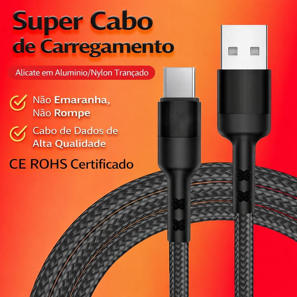 Cabo de Dados Super Rápido 5A USB-C Carregamento Rápido para iPhone 15 16 Xiaomi, Samsung e Motorola