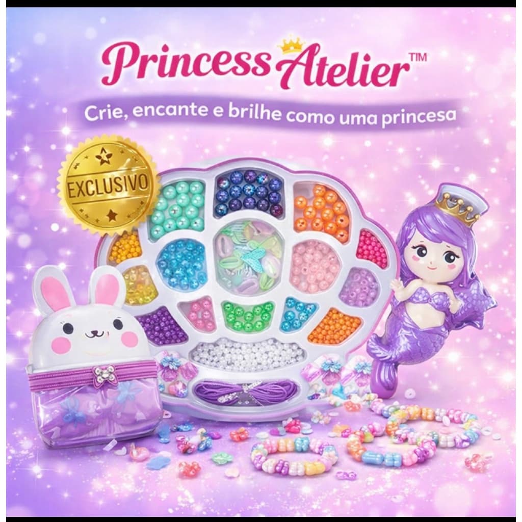 Kit Miçangas Infantil Princess Atelier™ Fazer Pulseiras e Colares DIY Brinquedo Criativo Educativo com Estojo Sereia