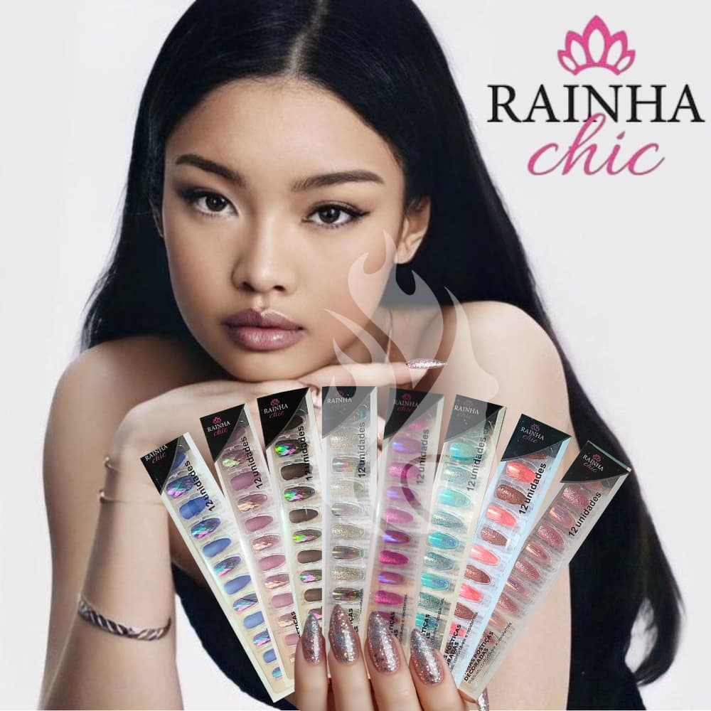 Kit Unha Postiça Profissional 12 Unidades Modelos Decoradas - Rainha Chic Manicure Nail Art Design
