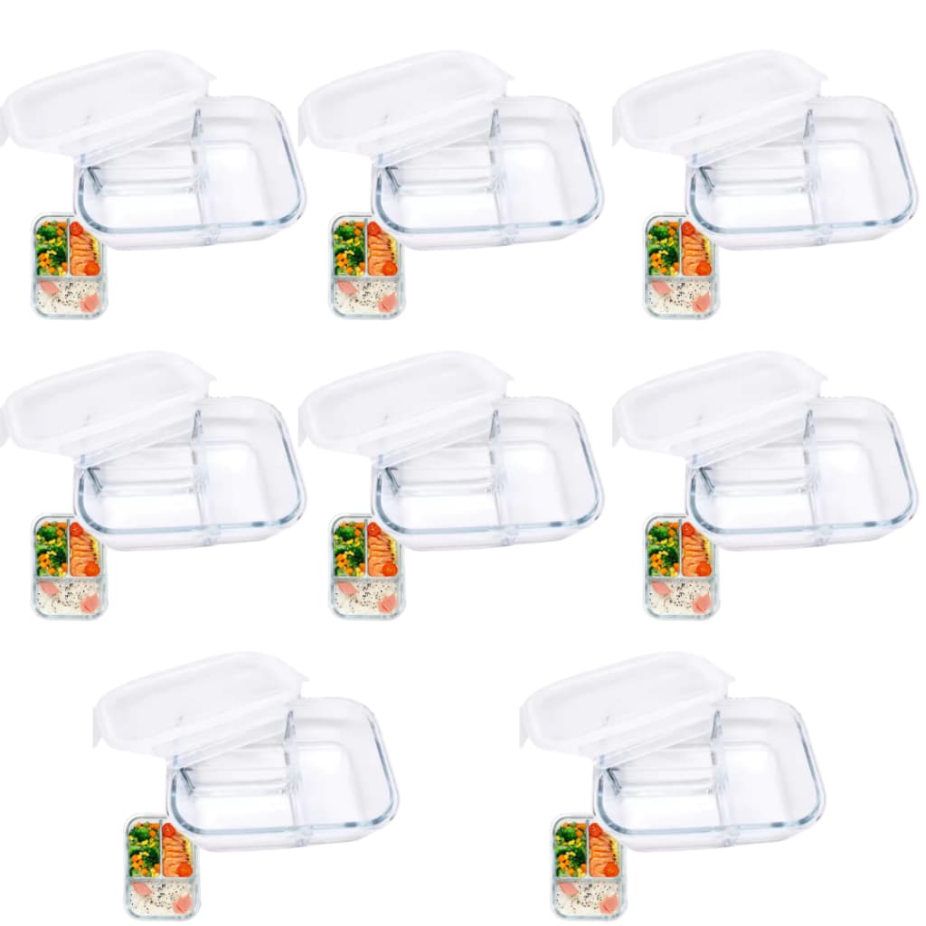 Conjunto Kit 8 Potes de Vidro Com Tampa Hermética 3 Divisórias 1 Litro Marmita Fitness Retangular