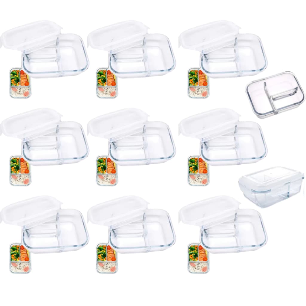 Conjunto Kit 10 Potes de Vidro Com Tampa Hermética 3 Divisórias 1 Litro Marmita Fitness Retangular
