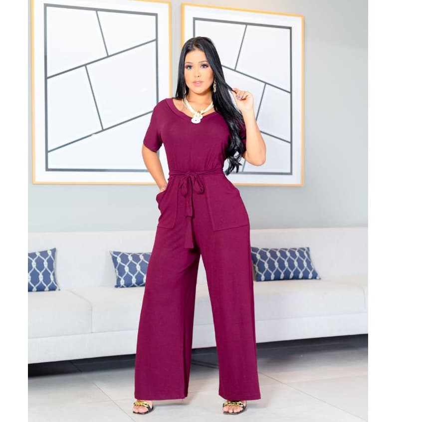 Macacão feminino pantalona soltinho elegante com bolso manga curta cintura ajustável confortável