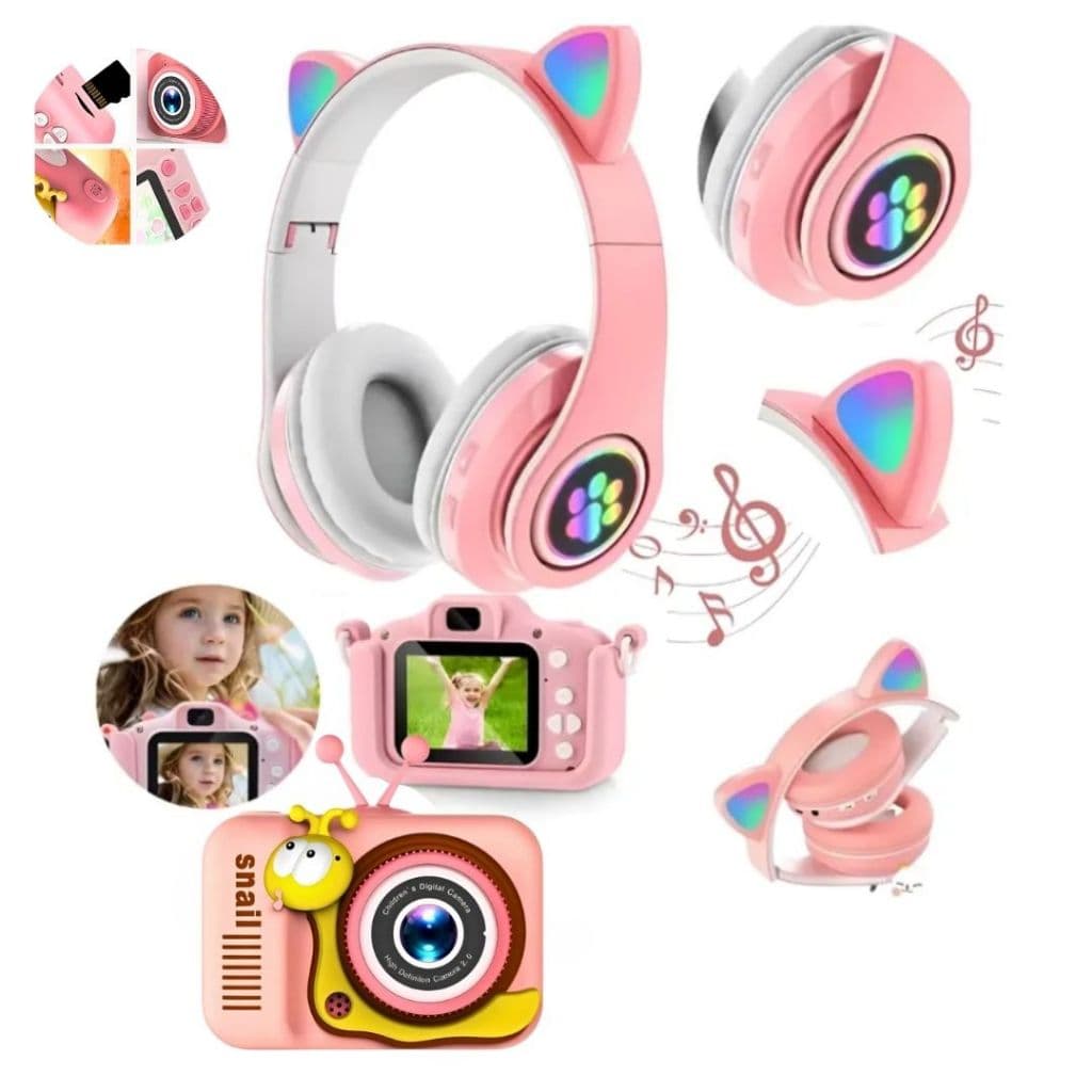 Kit Infantil Fone Gatinho LED + Câmera Digital Criança Foto Vídeo Presente Rosa Azul