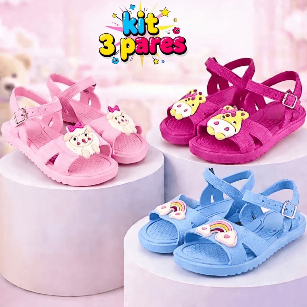 Kit 3 Pares Sandália Papete Infantil Menina Rasteirinha Feminina Confortável
