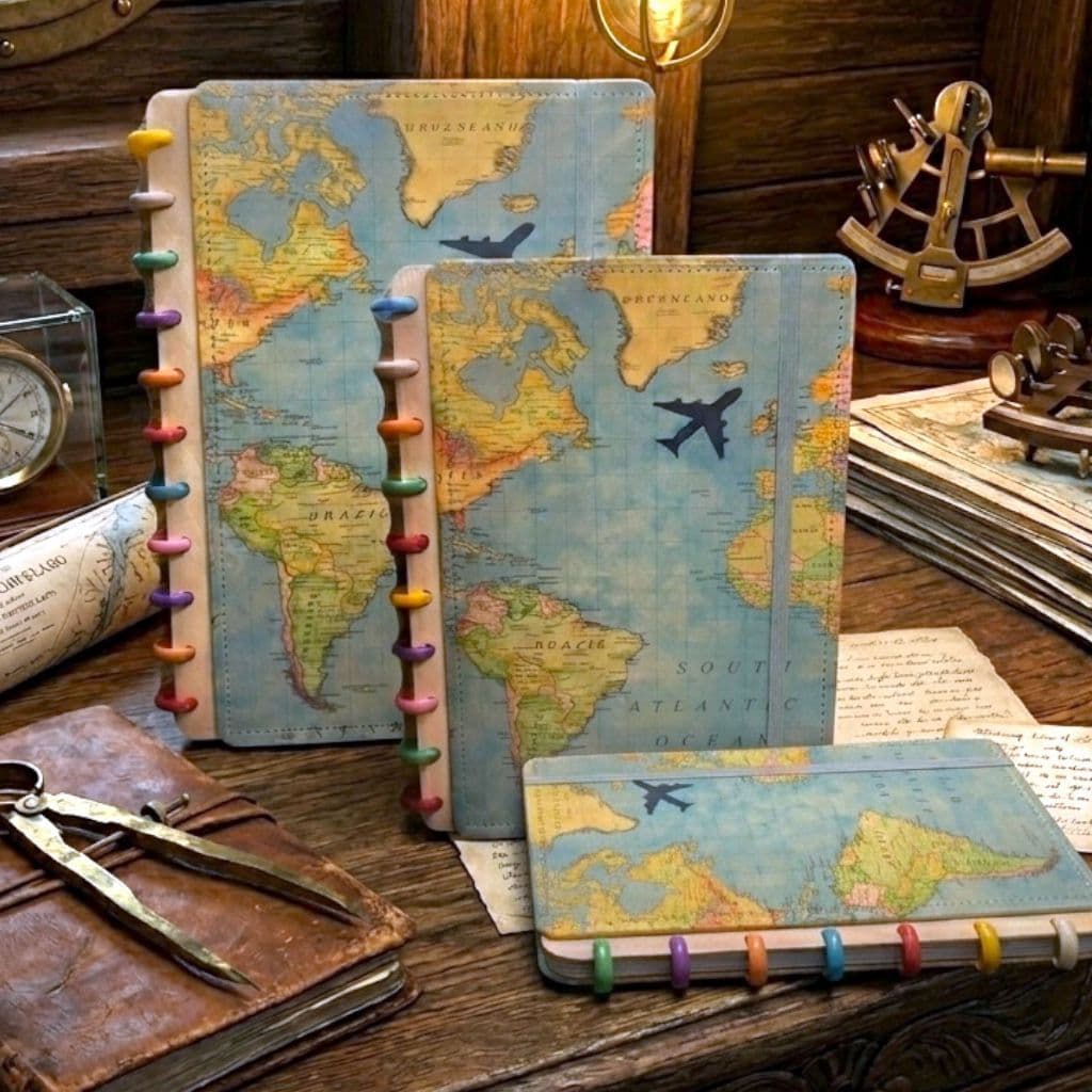 Caderno Inteligente Disco 8/10/11 e A5/B5/A4  Mapa Mundi Capa Dura 80 Folhas