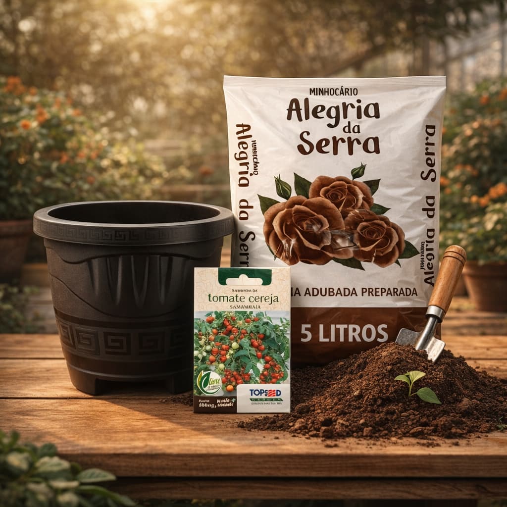Kit Plantio Tomate Cereja em Vaso 5L com Terra Adubada Preparada