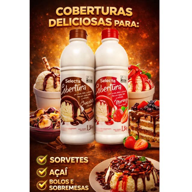 COBERTURA SELECTA KIT 2 UNIDADES CHOCOLATE E MORANGO PERFEITO PARA SORVETE AÇAÍ BOLOS E DOCES