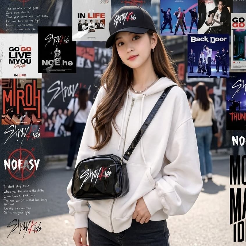 Kit Boné Stray Kids SKZ + Bolsa Transversal Preta K-Pop Estilo Coreano Unissex 2026