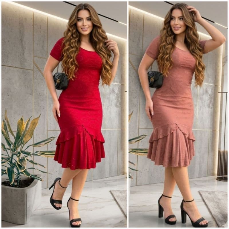 Vestido midi laise festa bordado vestido evangelico babado peplum