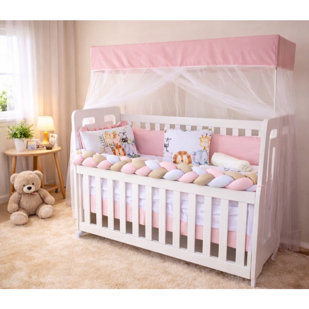 Kit Berço 10 Peças Sublimado Safari Rosa com bege Quarto Completo Leão Girafa Elefante para Menina