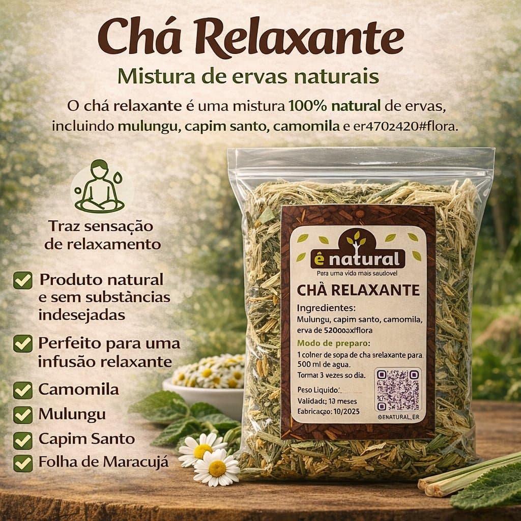 Chá Relaxante Natural – Mulungu, Capim Santo, Camomila, Hipérico e Maracujá– 200 - 1kg - Melhor Sono