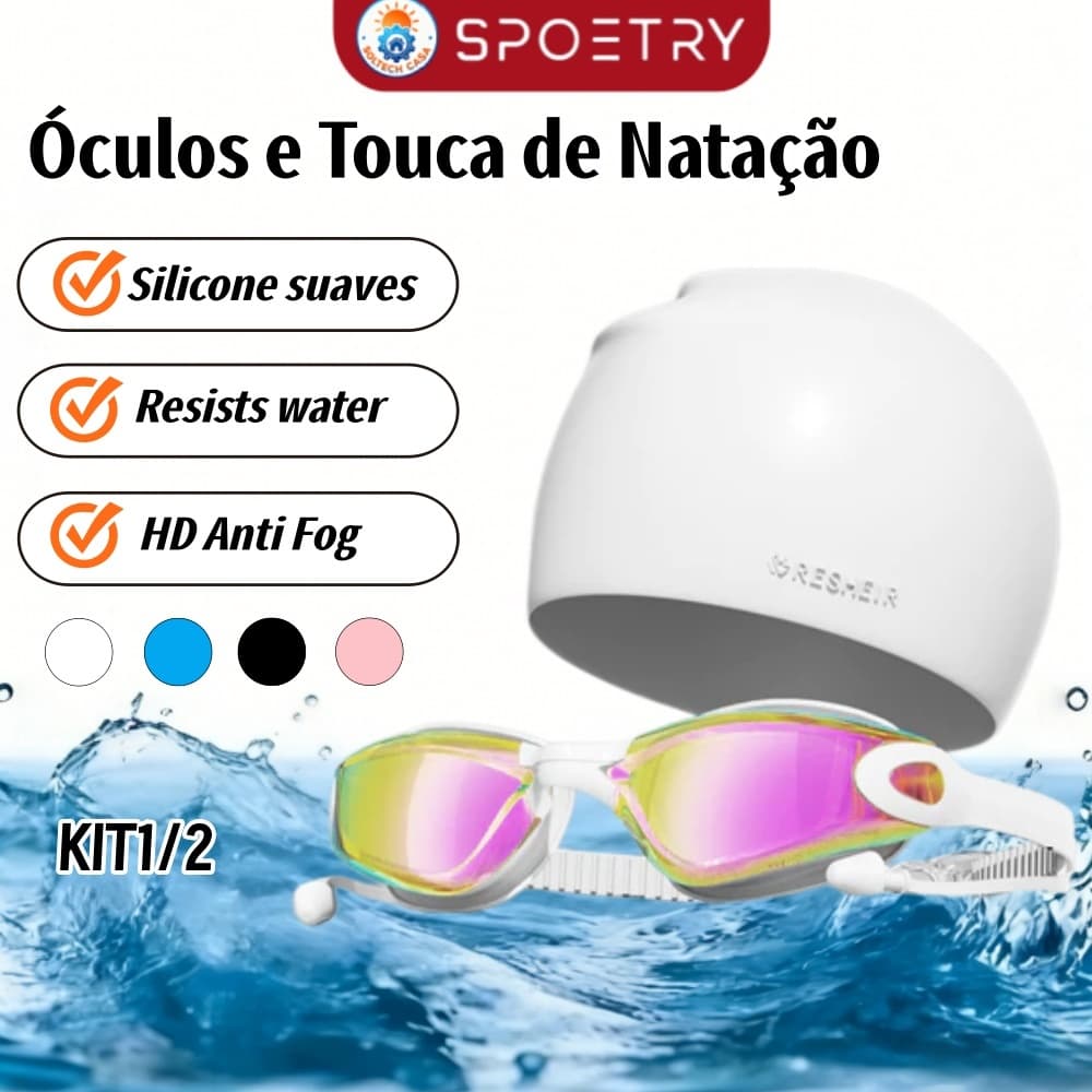 Kit2 Óculos e Touca de Natação Adulto Antiembaçante Waterproof Ajustável Unissex Proteção UV para Piscina e Praia