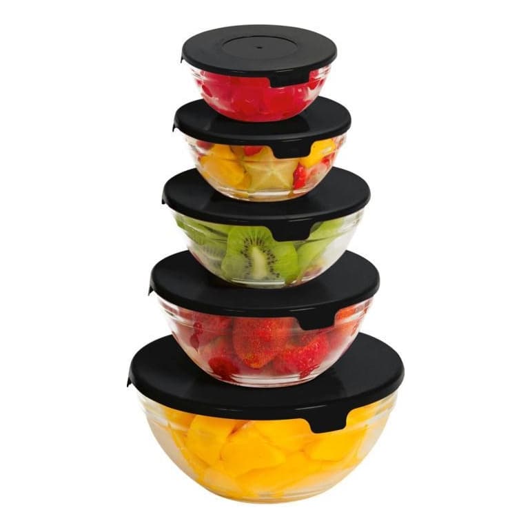 Conjunto 5 Tigelas Potes Bowls De Vidro Com Tampa Preta