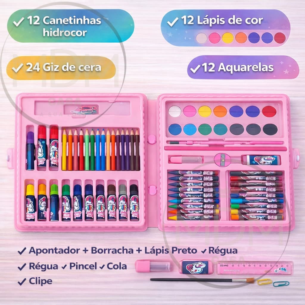 Maleta Estojo de Pintura Escolar Colorir Recreação Infantil Menina Com até 86 peças