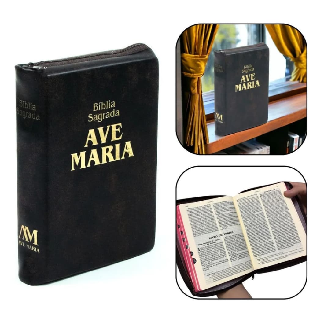 Livro Bíblia Sagrada Editora Ave Maria com Capa De Couro Sintético Na Cor Marrom Com Zíper