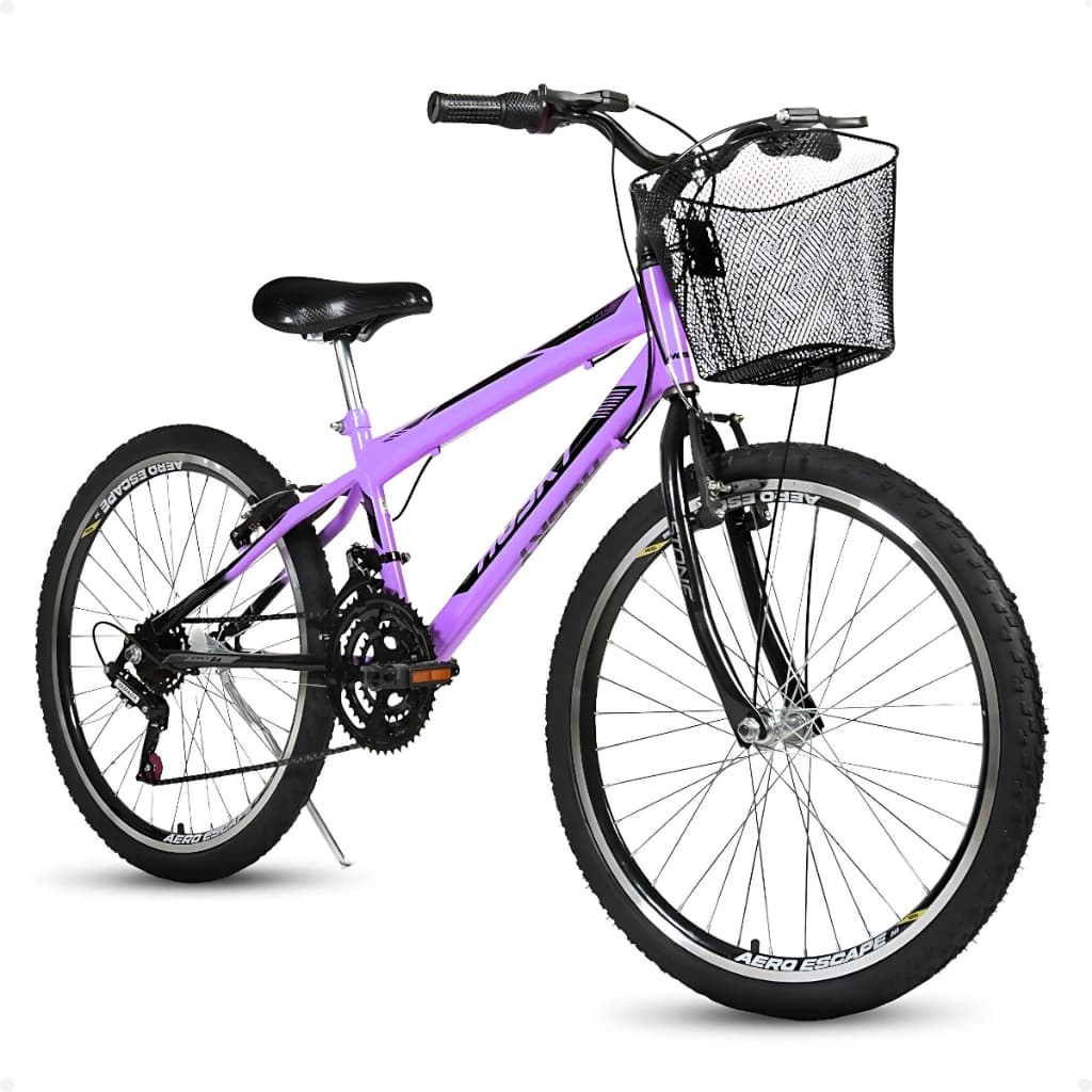 Bicicleta Aro 24 Feminina 18 Marchas Menina Lilás com Cesta Husky