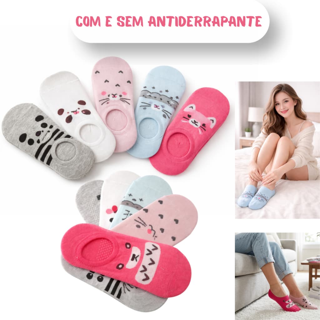 Kit Meias Invisíveis Femininas Estampas Fofas e lisa – Conforto Diário e Ajuste Perfeito