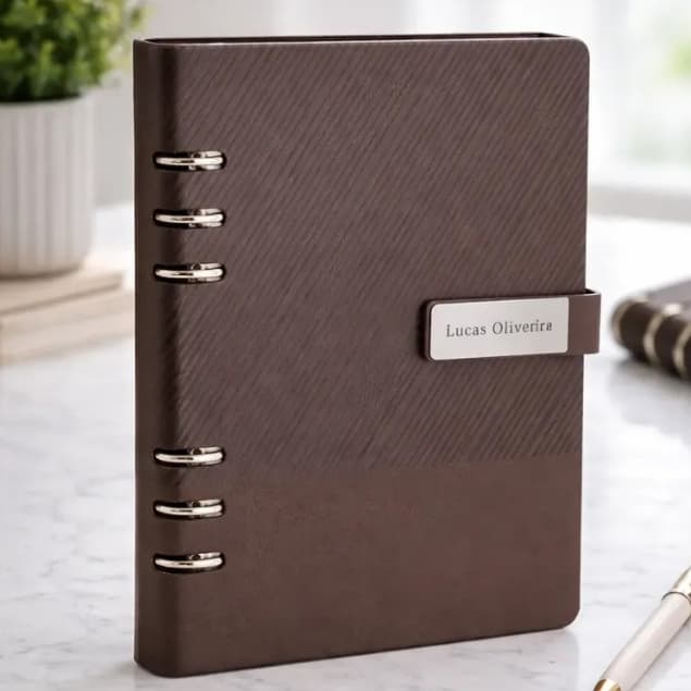 Caderno A5 Fichário Personalizado com Nome Couro Luxo