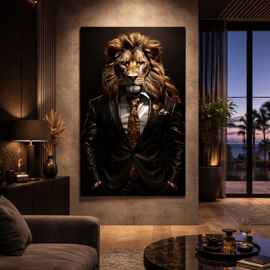 Quadro Decorativo Retrato Imponente Leão em Traje Formal Arte Moderna Estilo Street Antropomórfico