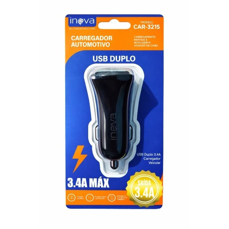 Carregador Para Celular Veicular Carro Fonte 2 Entradas USB Turbo Rápido Preta