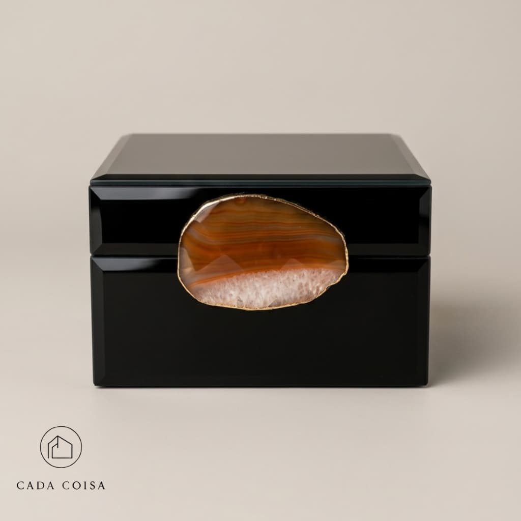 Caixa Decorativa de Vidro Preto e Madeira com Fecho de Pedra Natural Brasileira - P