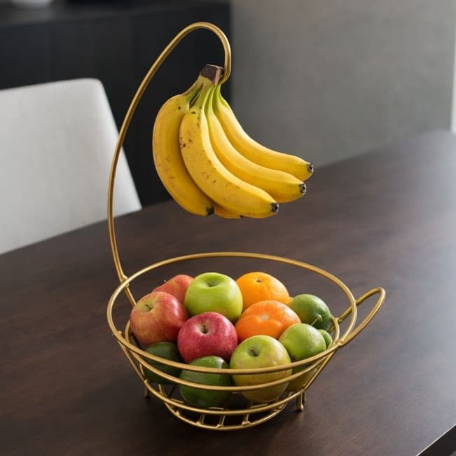 Fruteira Aramada De Mesa Redonda Com Suporte Para Banana Cesta Organizadora De Frutas Moderna Envio Rapido