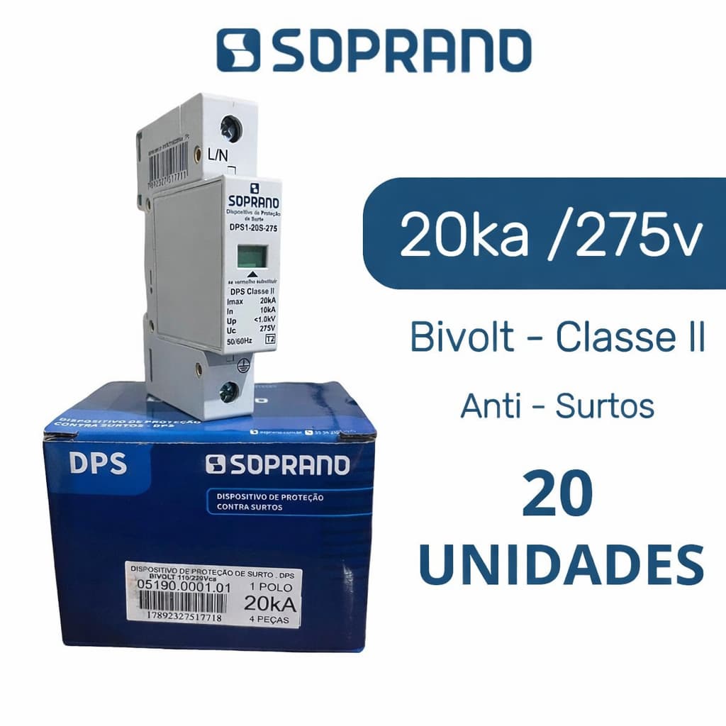 Kit 20 DPS Protetor Surto Anti Raio 20ka 1p 275v Bivolt Soprano F/n