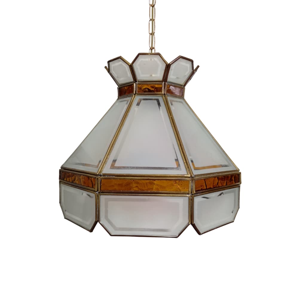 Antigo Lustre Vitral Branco com Detalhes Amarelos