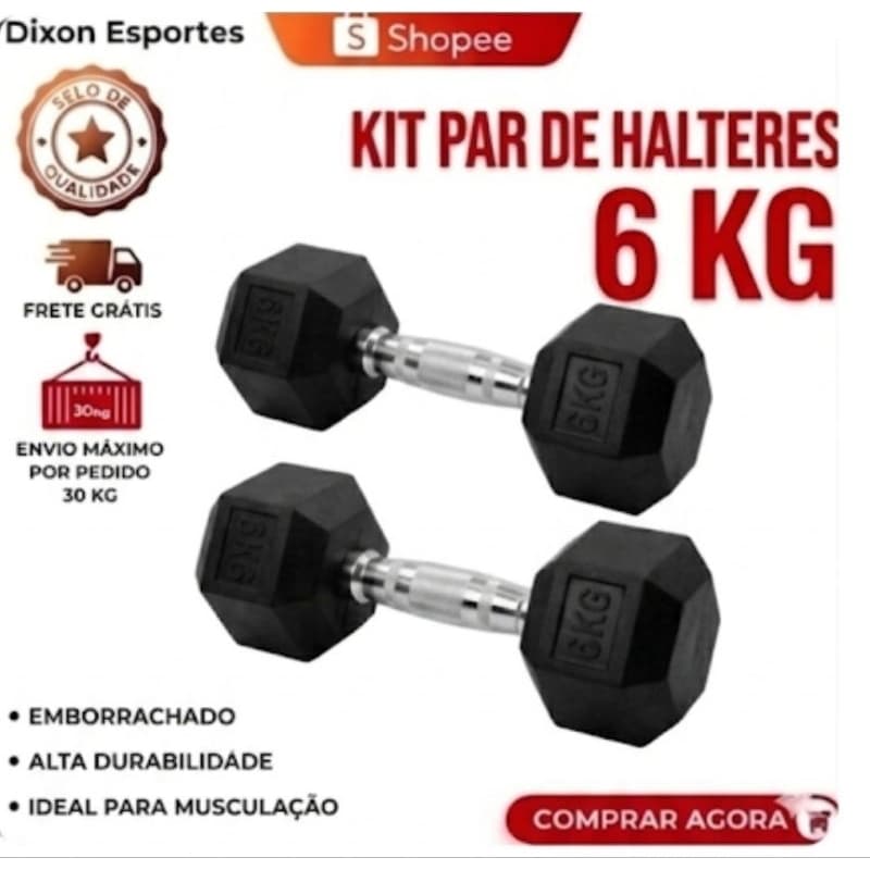 Par Halter 6 kg Sextavado Emborrachado (2×8kg)Pegada Cromada Envio Imediato