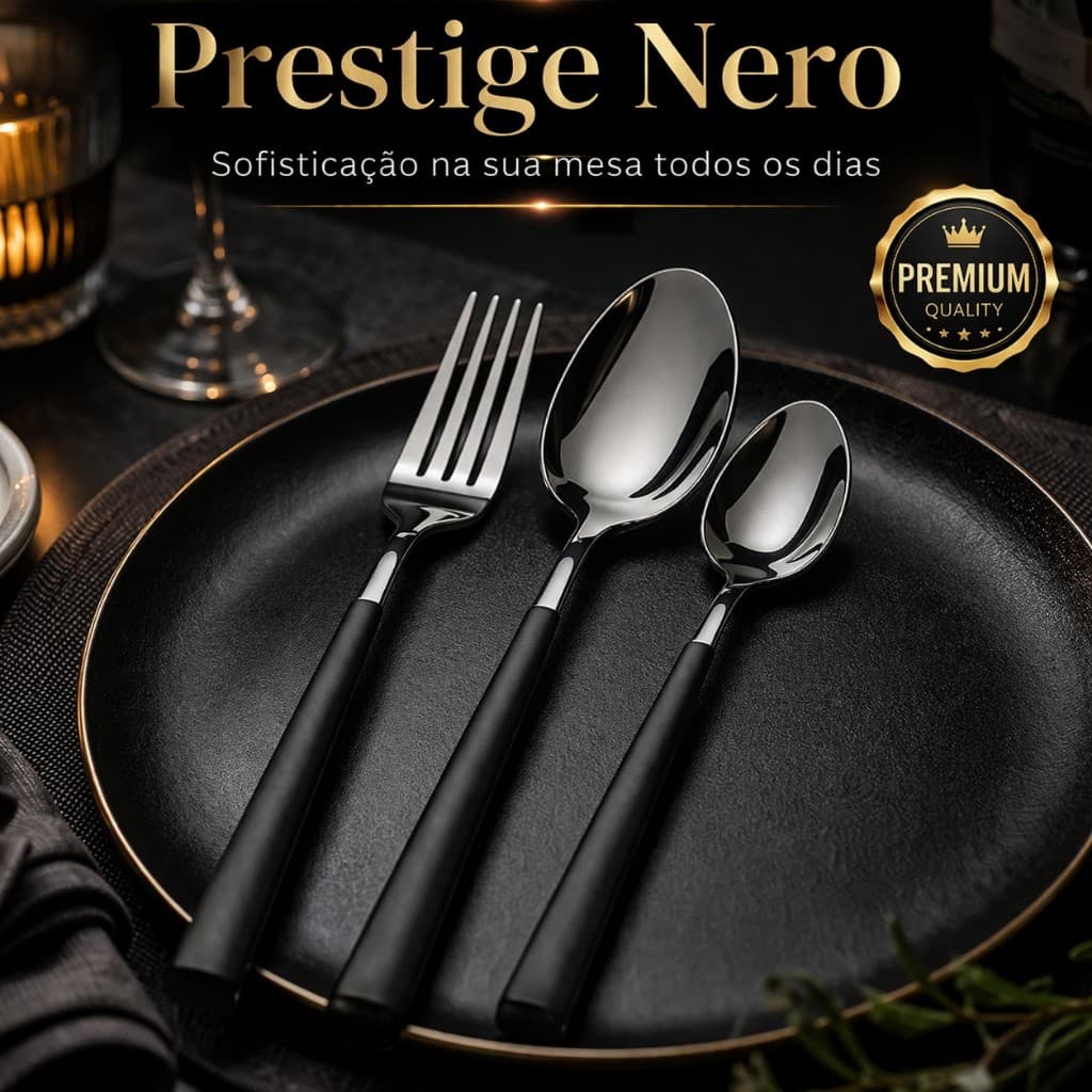 Jogo de Talheres 16 Peças Inox com Cabo  Preto –  Kit Completo com Facas, Garfos e Colheres