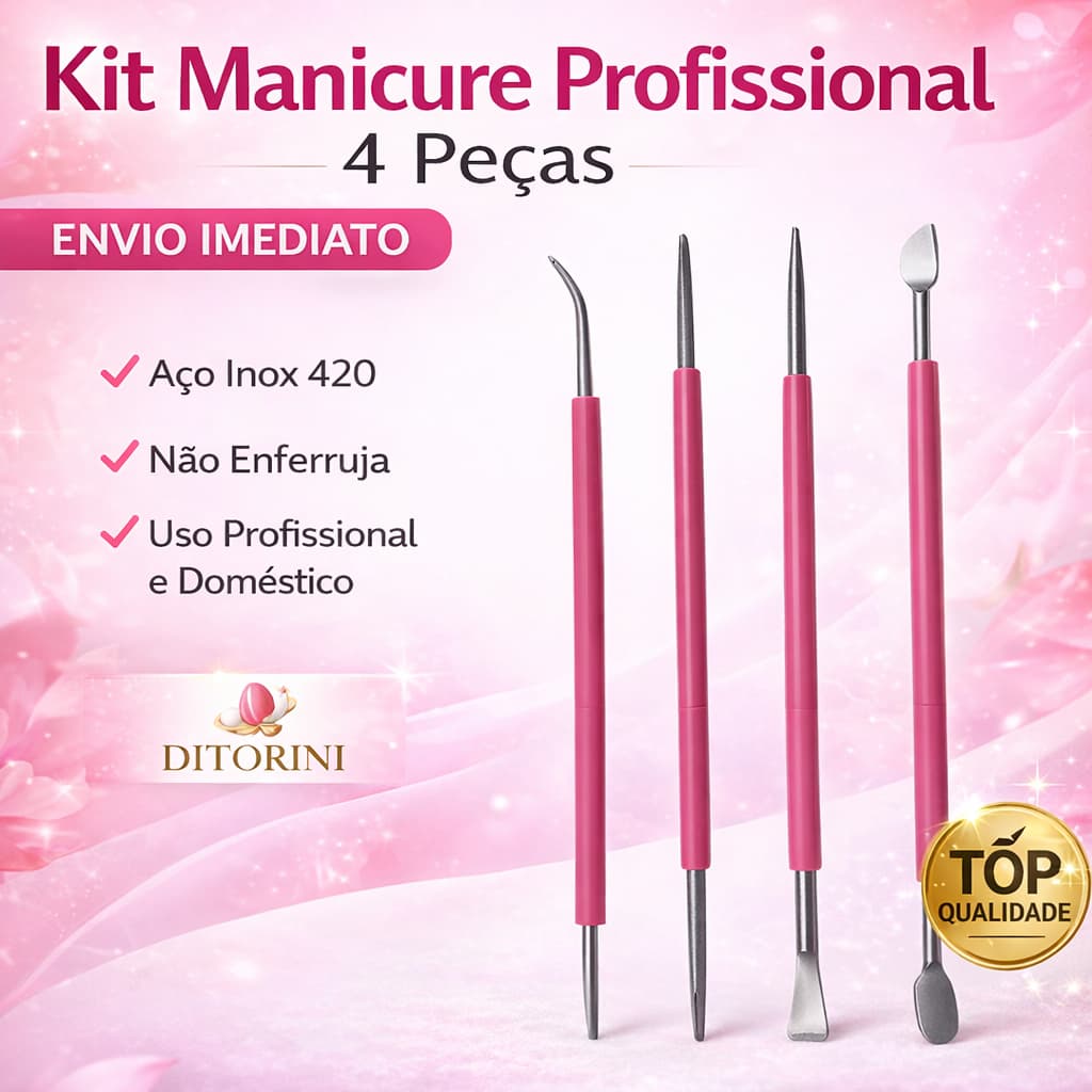Cutelaria 4 peças Palito Espátula Mista Desencravador Palito Afastador Inox ROSA Silicone Unha