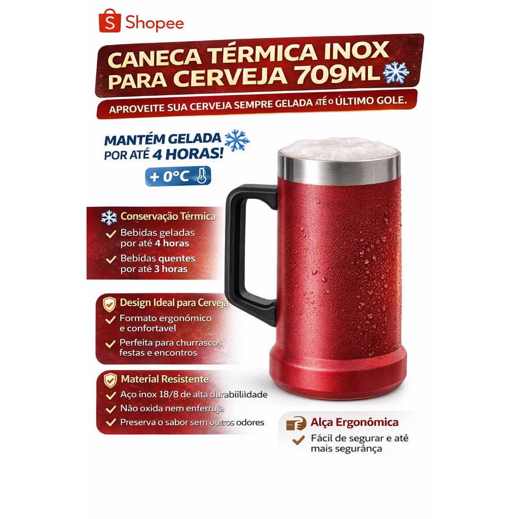 Caneca Térmica 709ml Inox Para Cerveja Parede Dupla Com Alça Mantém Gelado Cor Vermelho