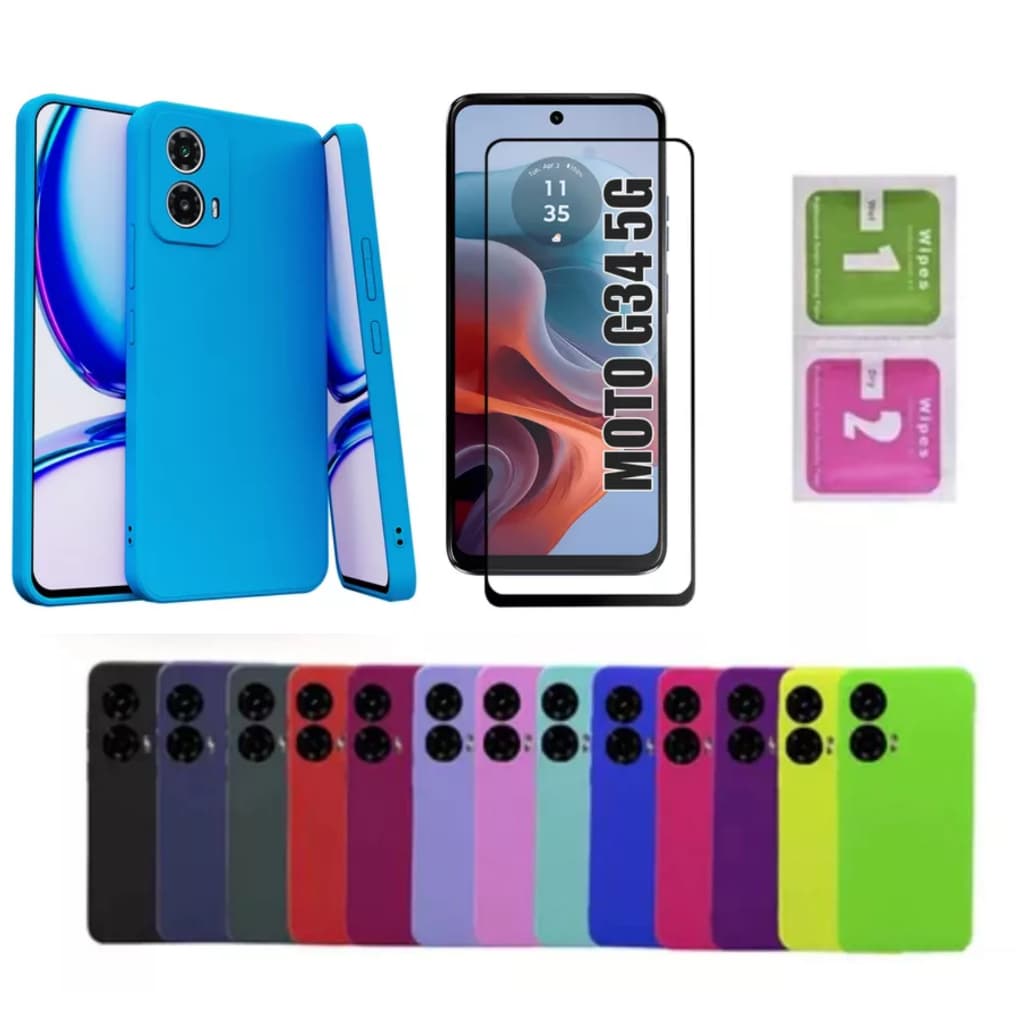 Capa Capinha Aveludada Colorida Capa Moto G34 + Pelicula Vidro 3D Moto G34 Motorola ENVIO IMEDIATO