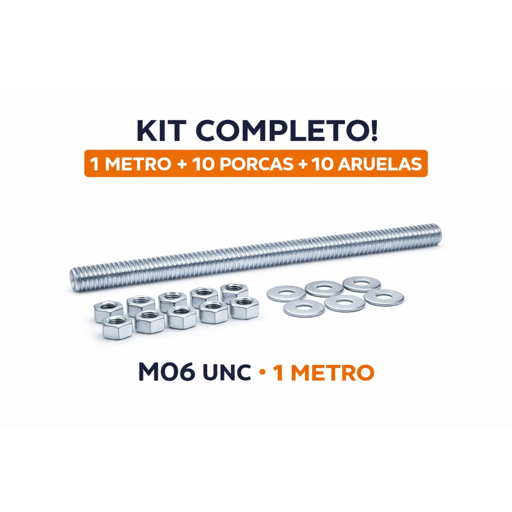 Kit Barra Roscada M6 UNC 1 Metro + 10 Porcas + 10 Arruelas Zincadas Aço Carbono Fixação Construção
