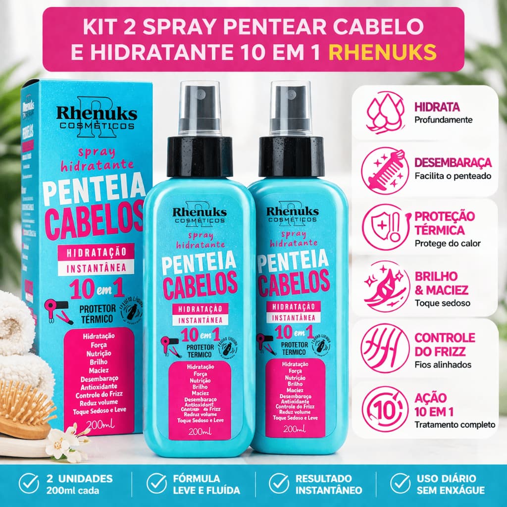 Kit 2 Penteia Cabelos Rhenuks 10 em 1 Hidratante Protetor Termico Força Nutrição Brilho Desembaraça
