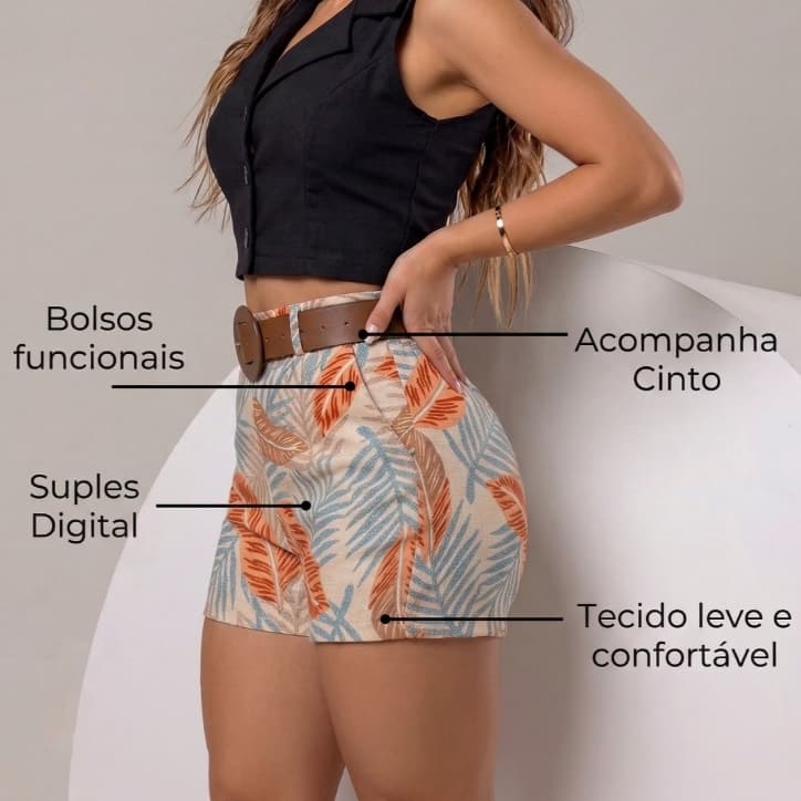 Shortinho Estampado + Cinto Cintura Alta c/ Elastano Modela Bumbum Elegante Moda Praia Verão P ao GG