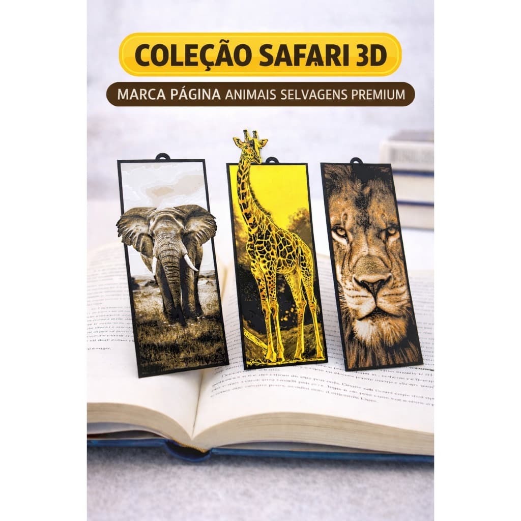 Marca Página 3D Animais Selvagens – Coleção Safari Premium (Elefante, Girafa e Leão)